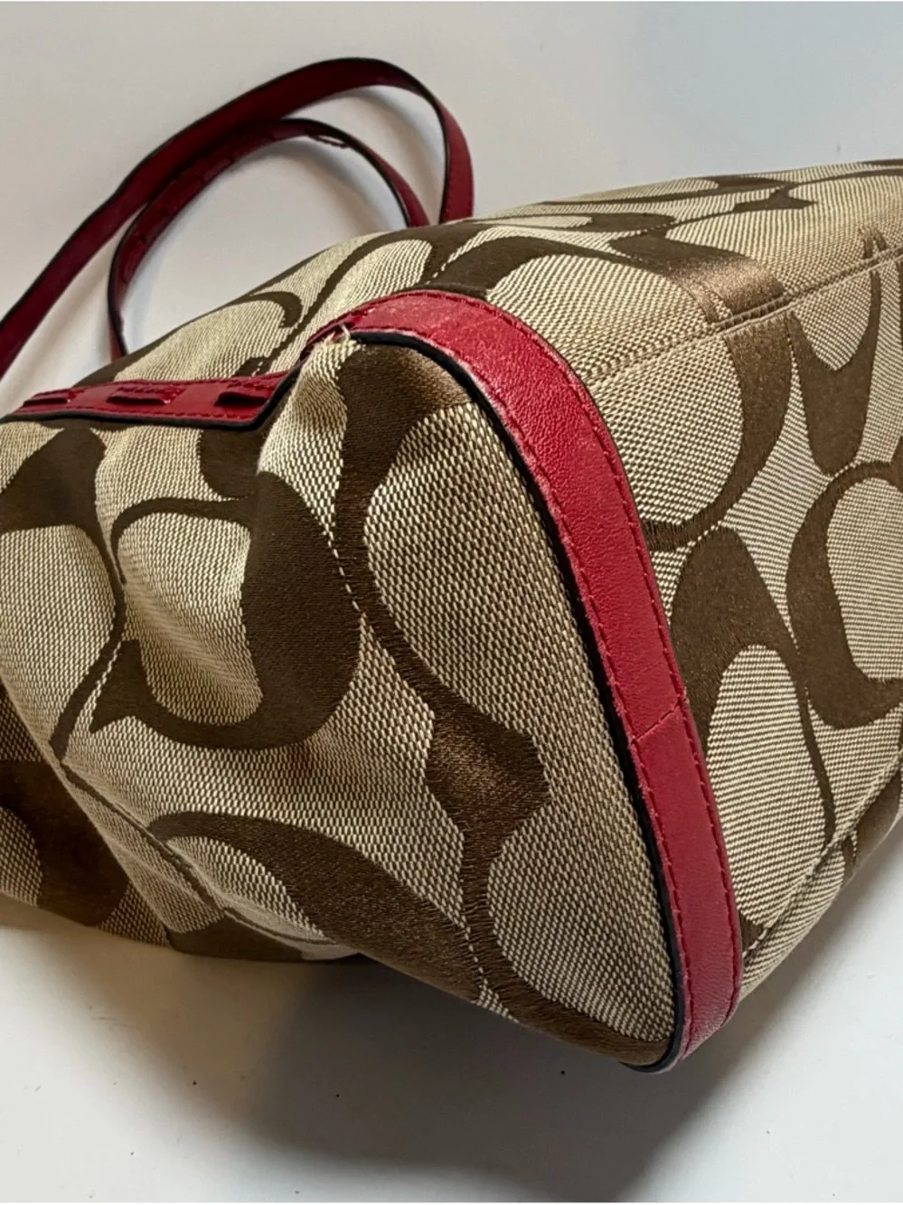 Coach Red Leather & Signature Print Tote with Plaid Interior #13005